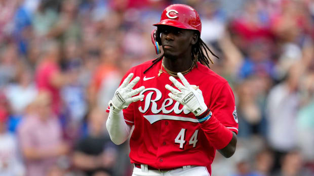 Cincinnati Reds shortstop Elly De La Cruz celebrates after hitting a home run.